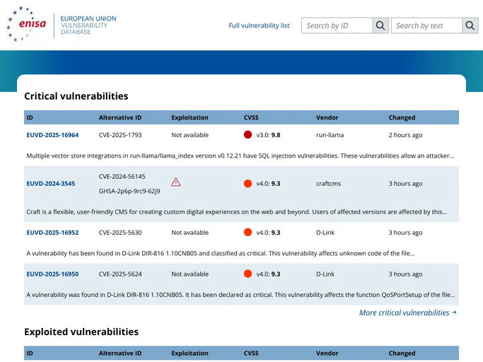 Screenshot van European Vulnerability Database